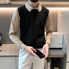 男士休闲长袖衬衫春秋季外穿针织衫修身潮翻领假两件毛衣S575，男装针织衫/毛衣，星座1116A-2（原606A-1）