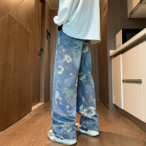 美式复古牛仔裤男款秋季潮牌花卉印花休闲长裤网红同款裤子图片