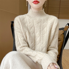 25新款半高领扭花100%纯羊毛衫女加厚针织毛衣长袖宽松羊绒打底衫，女装羊毛衫，吉高羊绒