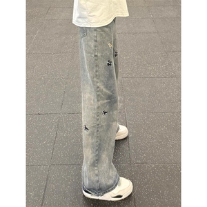 美式高街潮牌小狗刺绣牛仔裤男薄款小众设计感裤子微喇裤W630_P39图片