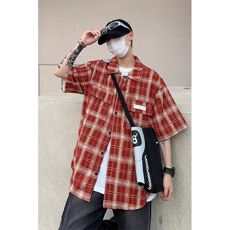 衬衫男韩版潮流短袖格子贴标个性2023夏季新款ins外套CS0588-P43,男装衬衫,星座308B-1