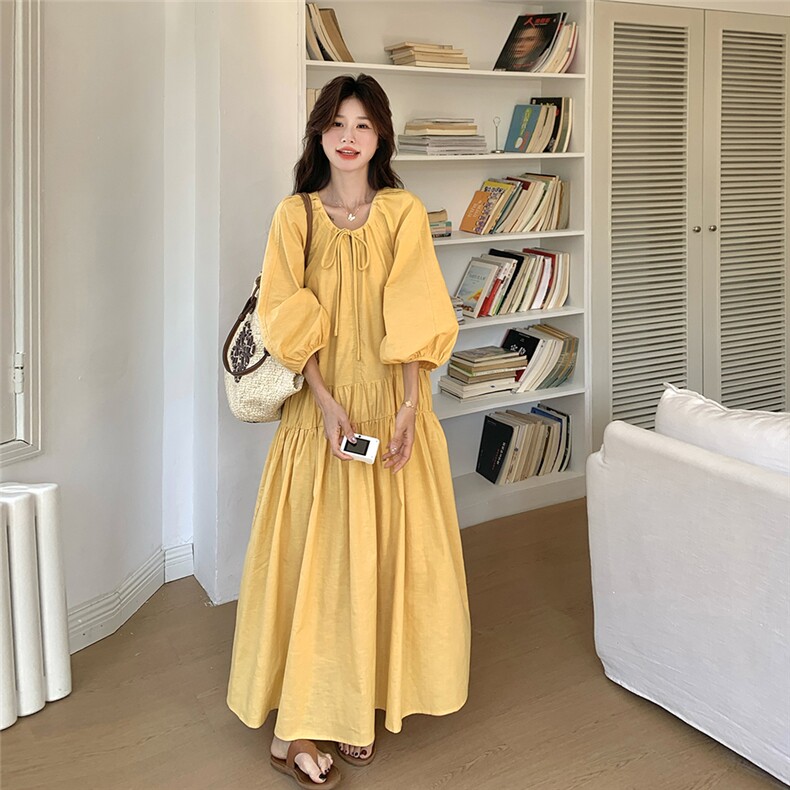 法式黄色灯笼袖连衣裙女春夏2025新款高级感绝美宽松清纯系松弛感,女装连衣裙,2D041