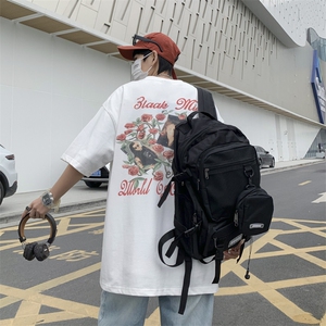 夏季复古做旧玫瑰花短袖潮牌情侣宽松情侣五分袖男 T1074-P32图片