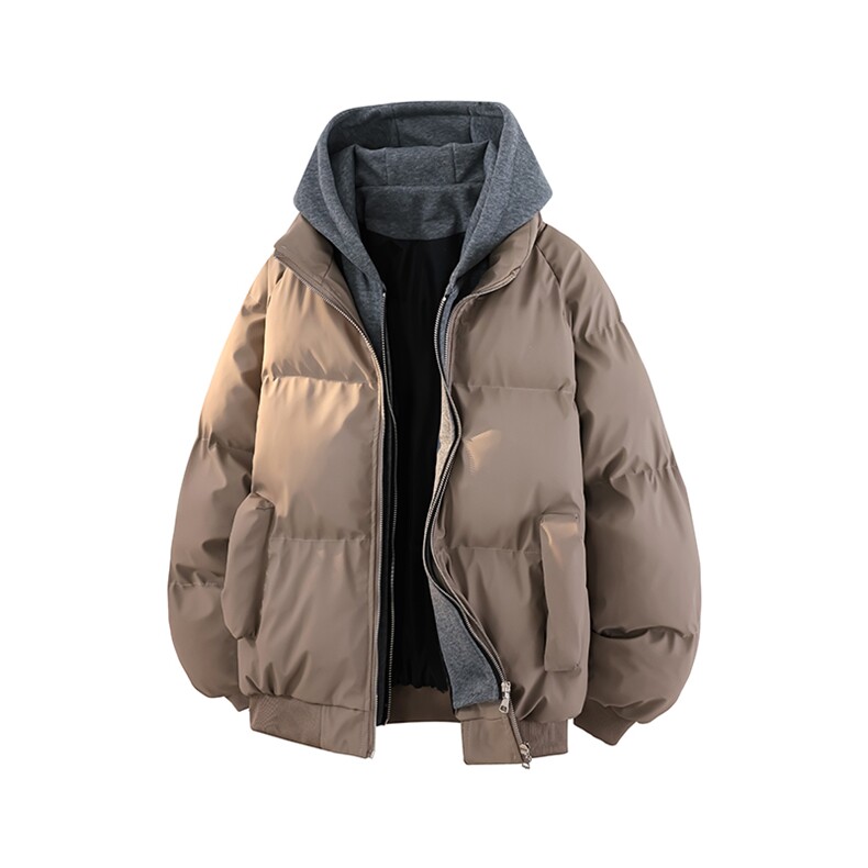 特批85 厚款假两件冬季连帽PU皮加厚棉服宽松保暖百搭MY3560图片