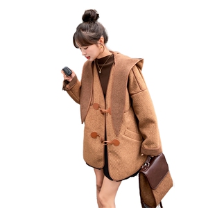 美拉德咖色斜纹毛呢外套女秋冬短款小个子设计感牛角扣双面呢大衣图片