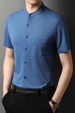 短袖衬衫男圆领上衣服夏季中年男士休闲百搭纯色白衬衣半袖爸爸装，男装衬衫，电商B212（原钱塘6029）