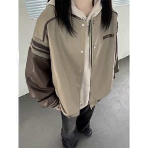 主推 美式复古拼接罗纹pu棒球服情侣皮衣夹克外套男女 G1094 P108图片