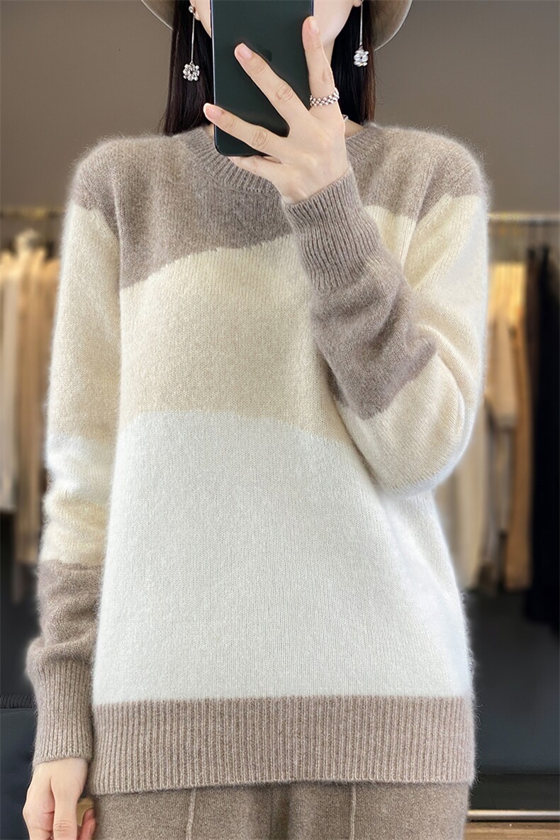 羊范拉绒系列~100毛衣女圆领宽松慵懒风拼色打底文艺风上衣,女装羊毛衫,犀桦羊绒