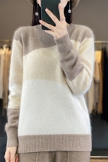 羊范拉绒系列~100毛衣女圆领宽松慵懒风拼色打底文艺风上衣，女装羊毛衫，犀桦羊绒