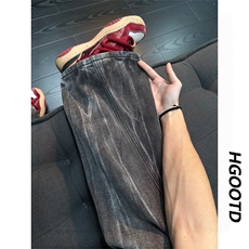 1506/QWY390/P52黑灰色渐变闪电纹牛仔裤男款美式复古裤子微喇裤，男装牛仔裤，星座1506