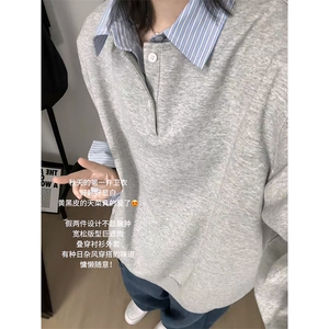 抖音得物高品质26春装美式高街假两件衬衫领长袖卫衣POLO领打底衫