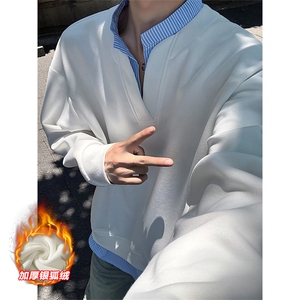 重磅华棉420g条纹假两件V领银狐绒大码卫衣W5431J加绒-特P50控98图片