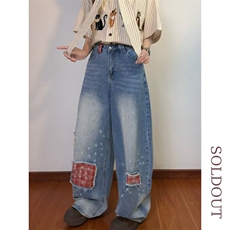 美式复古格子拼接牛仔裤女生春季2025新款设计感阔腿直筒拖地裤子，男装牛仔裤，星座506A