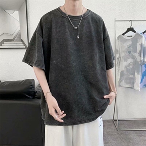 25年大码胖m高街潮流洗水做旧宽松显瘦打底情侣短袖T恤男女~T900图片