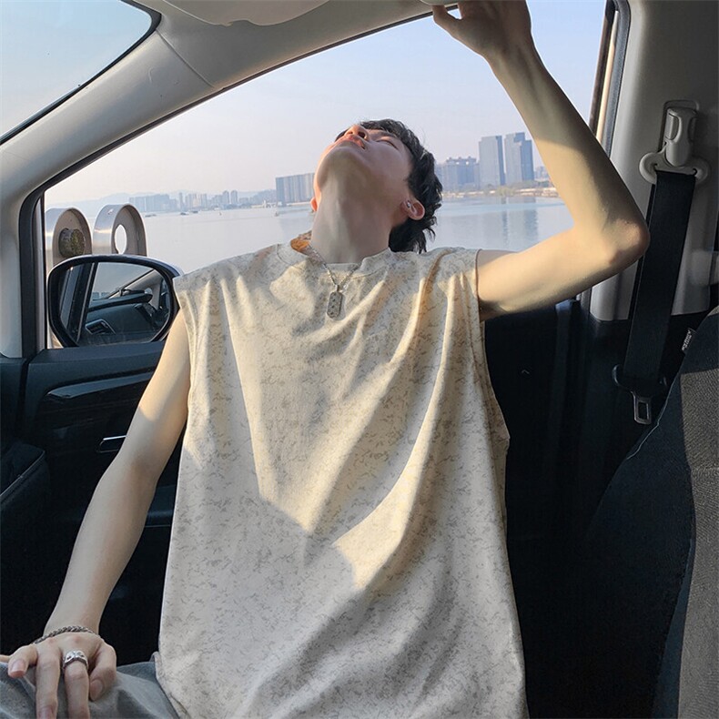 得物抖音品质二开240克宽松纯棉美式扎染做旧工艺坎肩背心无袖T恤,男装T恤,电商A486