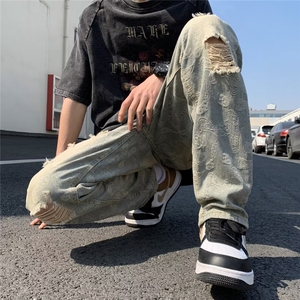 破洞~新款潮流百搭小直筒美式街头高街破洞复古蓝宽松男式牛仔裤图片
