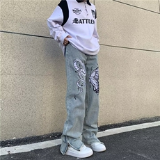 美式高街hiphop复古刺绣牛仔裤男宽松百搭拉链微喇叭休闲裤B22P65，男装牛仔裤，星座1116-2