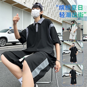 夏季现货主推大码港风冰丝防晒翻领短袖休闲运动套装男S14P60图片