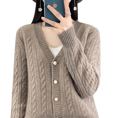 2024秋冬新款V领羊毛衫女士宽松显瘦扭花开衫外套毛衣上衣，女装羊毛衫，鸿陌羊绒