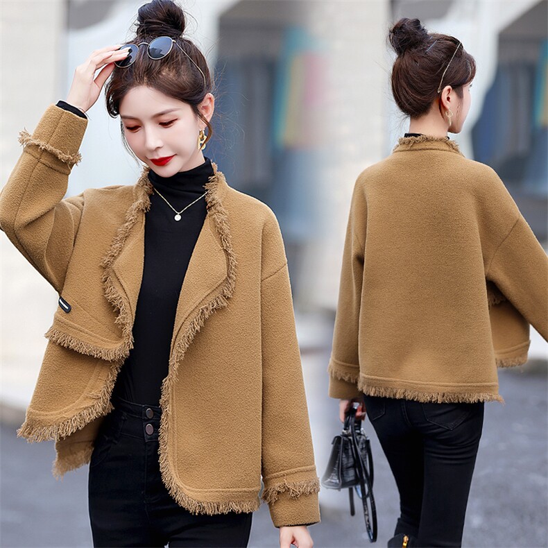 小香风外套女2025春秋小个子洋气短款美拉德厚双面流苏针织呢披肩，女装短外套，半夏