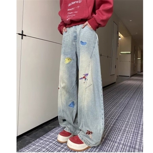 绣花水洗垂感牛仔裤女秋新款高腰宽松显瘦百搭直筒阔腿拖地裤潮图片