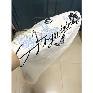 网图有货 美式蓝花卉蝴蝶字母刺绣短袖t恤男女宽松上衣 A663-P35图片