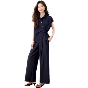 时尚休闲套装女2025夏季新款设计感洋气衬衫阔腿裤超火气质两件套图片