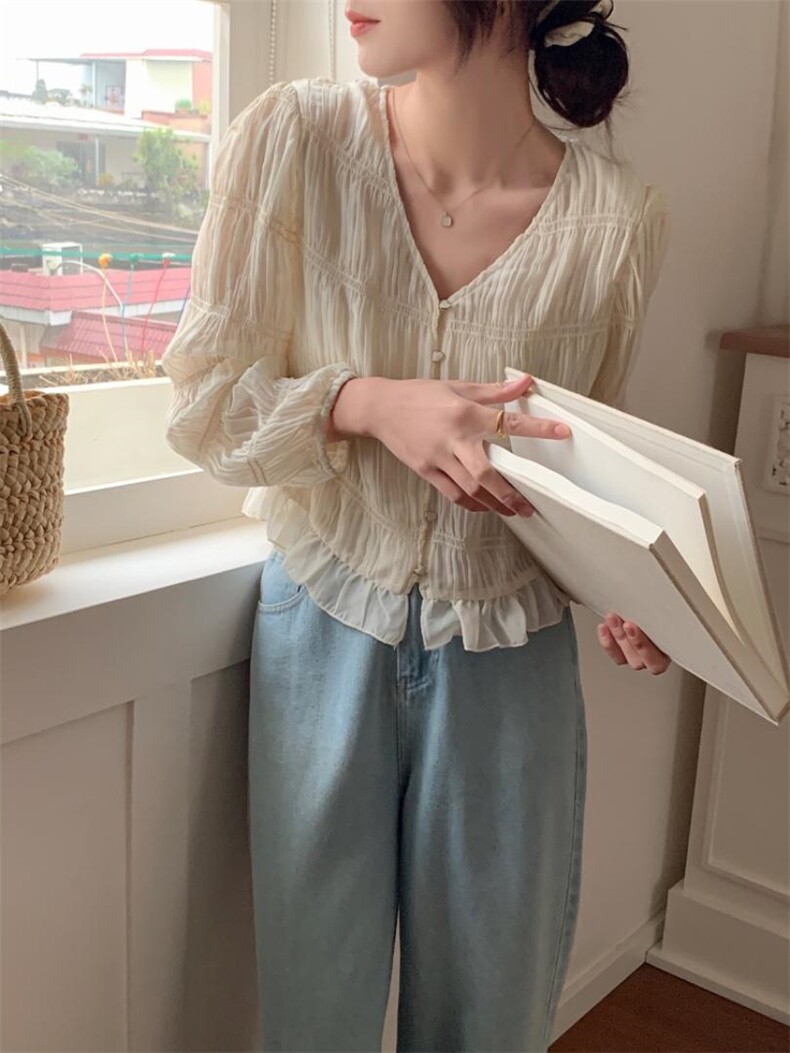 褶皱法式木耳边V领小衫，其它，DAP