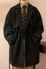 N6156/P100港风双排扣毛呢中长款呢大衣男女呢料风衣宽松长外套，男装风衣，电商A141