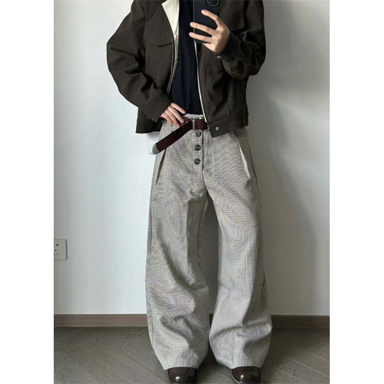 千鸟格复合打褶排扣a字阔腿西裤老钱风cleanfit通勤百搭X392,男装西裤,星座1116A（原606A-3）