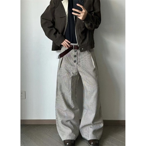 千鸟格复合打褶排扣a字阔腿西裤老钱风cleanfit通勤百搭 X392图片