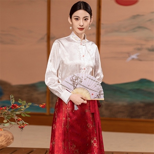 芷墨新中式改良百搭马面裙套装显高显瘦复古拼接纯色衬衫两件装女图片