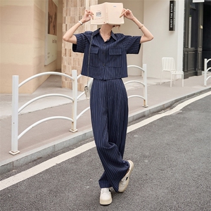 2025新款夏季爆款时尚套装女气质条纹衬衫阔腿裤两件套超火职业装图片