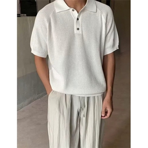 男装高级感蜂窝纹插肩袖翻领短袖t恤男夏季亚麻针织上衣 TB301图片