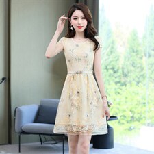 2025年夏季小个子碎花欧根纱连衣裙女装气质显瘦高端绣花蕾丝裙子，女装连衣裙，鑫鑫美