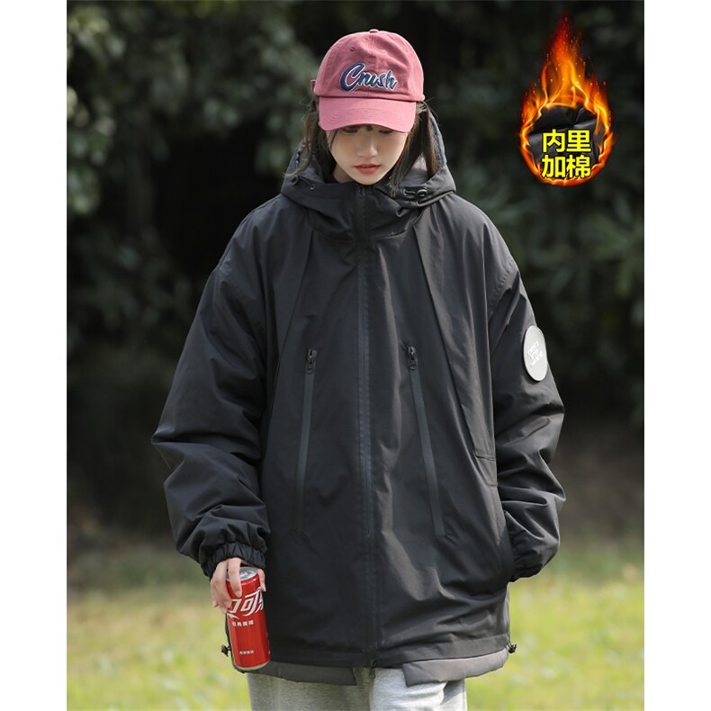 双拉链防水纹章连帽棉服男中性加棉加厚棉衣外套M74-特P105控168，男装棉衣，电商A001