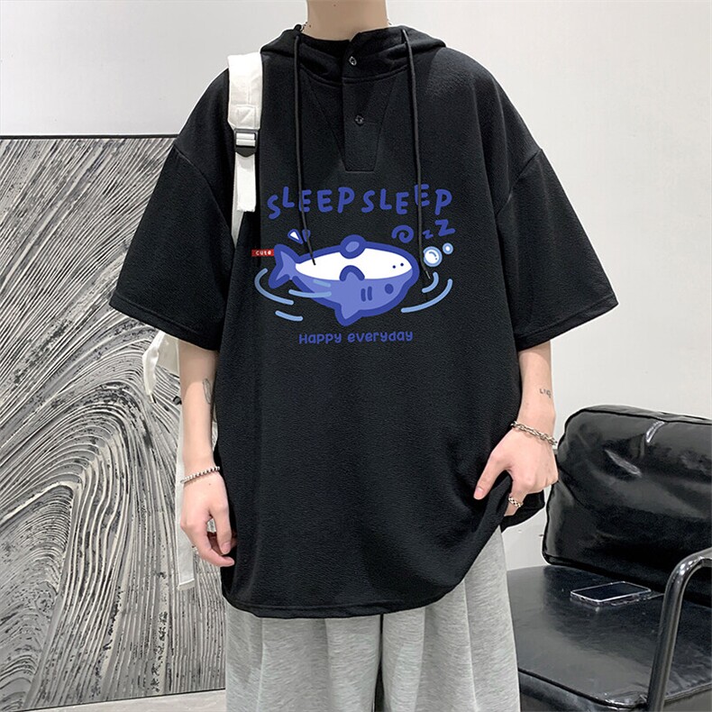 LD54453-P45连帽短袖t恤男大码胖子带帽五分袖中袖,男装T恤,电商A040