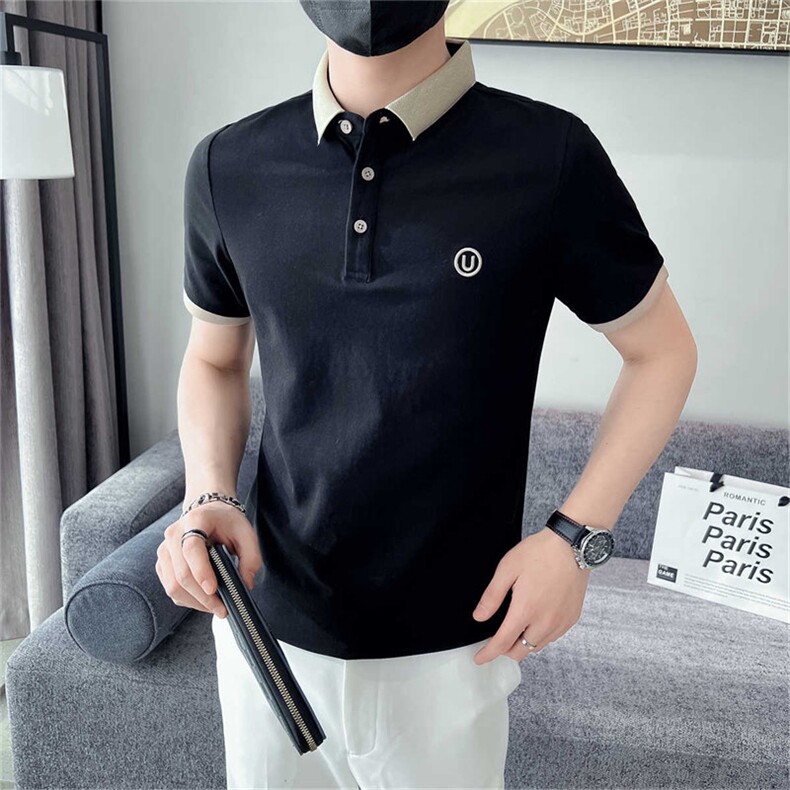 主推抖音夏季U字母立体刺绣翻领短袖男T恤Polo衫体恤T066-P45图片
