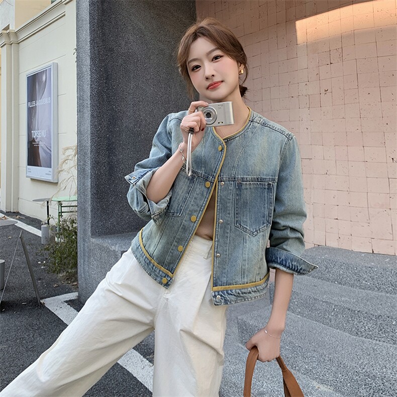 韩版休闲圆领撞色牛仔外套女2025早春新款小个子减龄宽松夹克上衣，女装牛仔外套，蝶眷