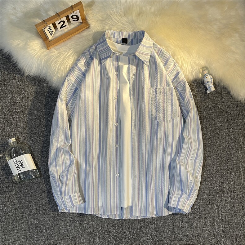 B413-1-DX873新款百搭长袖条纹衬衫外套男女港风宽松休闲衬衣控59,男装衬衫,电商B413-1