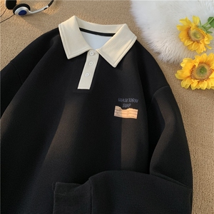 华夫格翻领拼接卫衣美式重磅男士秋季款宽松打底上衣P50-控68图片