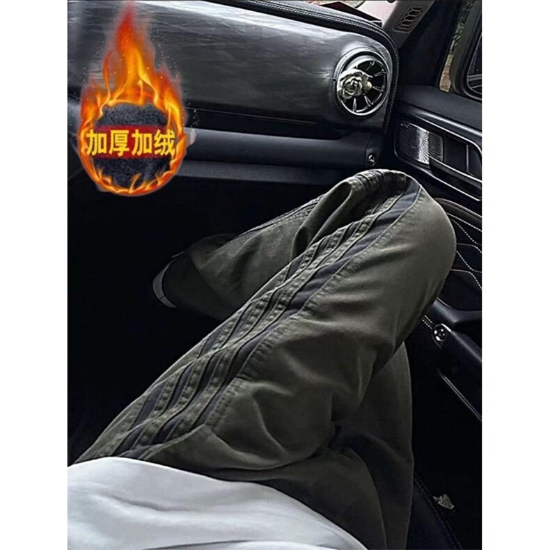 军绿色三条杠条纹裤子男秋冬加绒速干直筒工装裤美式运动休闲长裤，男装工装外套，四季星座505