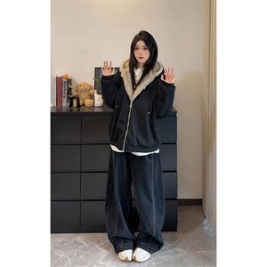 现货冬季鹿皮绒座山雕连帽猫耳朵男女情侣装棉服外套-A2350P99