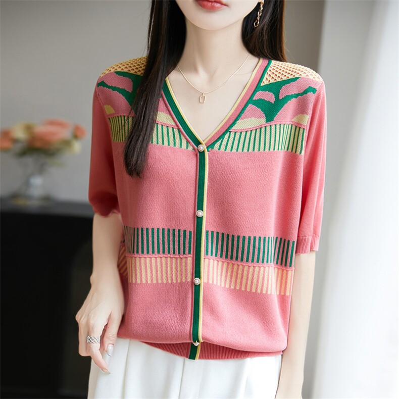 洋气妈妈撞色V领针织小衫中年女装早秋短袖上衣中老年薄款条纹T恤，女装针织衫/毛衣，郡淞羊绒
