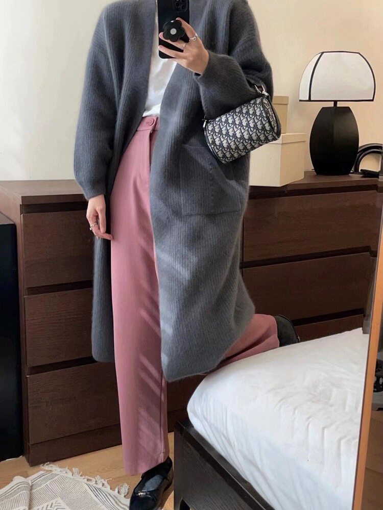 开衫女中长款V领秋冬慵懒软糯休闲宽松保暖针织衫,女装羊毛衫,恩泰羊绒