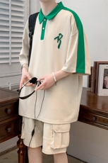 夏装新款时尚潮牌短裤T恤拼接牙刷绣短袖套装男女6626-P65控价88，男装T恤，电商A441-1