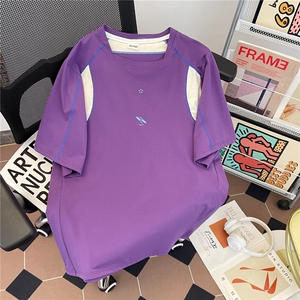 新款韩系简约风圆领撞色拼接短袖T恤复古男女休闲体恤衫GA55 P36图片