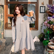 26春新款现-韩系灰色宽松网纱拼接卫衣连衣裙2607B灰-P155K248，女装连衣裙，2B190