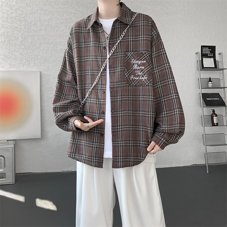 衬衫男春季新款港风宽松大码刺绣格子衬衣CS121-P35，男装衬衫，星座214-3