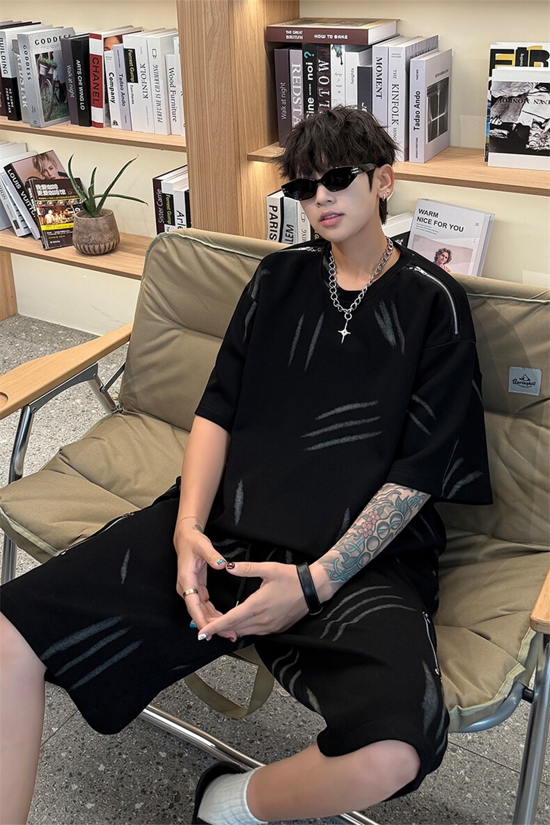 高品质猫爪布美式机车拉链套装夏季新款设计短袖短裤套装特P70,男装牛仔裤,电商B319